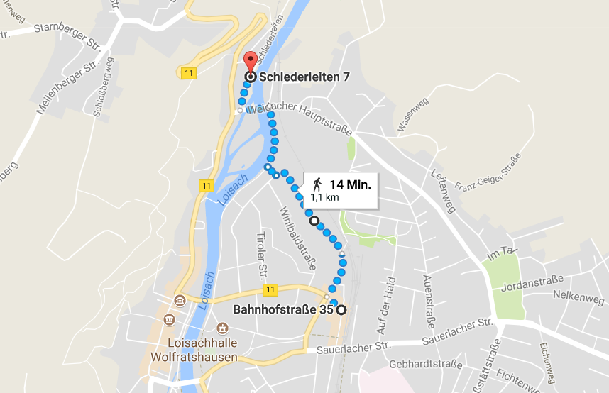 Karte Fu&szlig;weg vom Bahnhof Wolfratshausen zur Ablegestelle